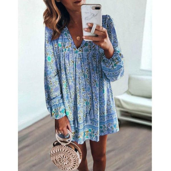 The Best Fashion Women Vintage Boho Loose Dress Bohemian Ladies Summer Long Sleeve Baggy Sundress Beach Holiday Wear Online - Takalr