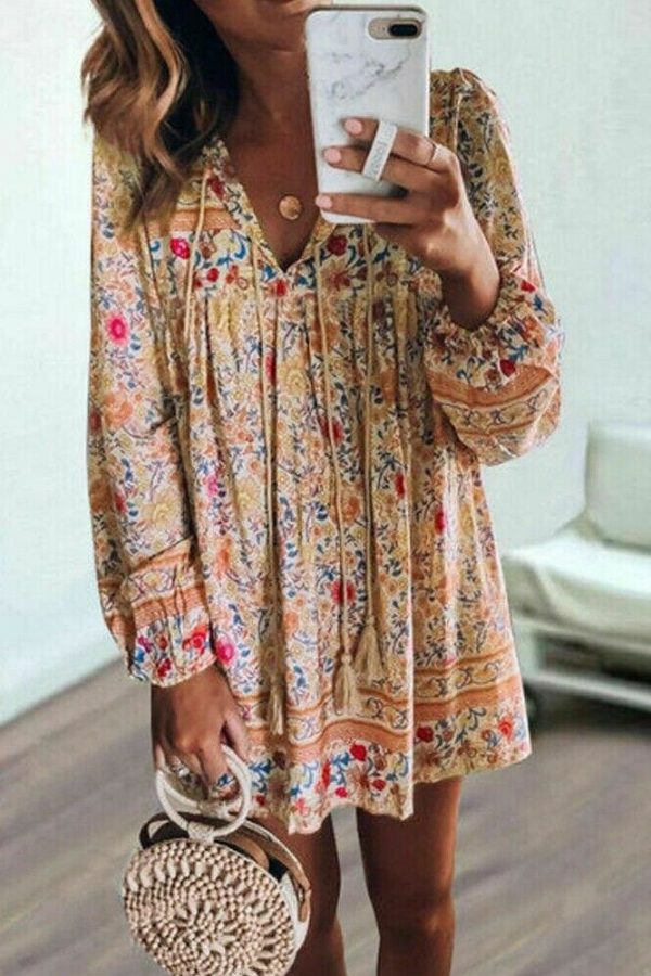 The Best Fashion Women Vintage Boho Loose Dress Bohemian Ladies Summer Long Sleeve Baggy Sundress Beach Holiday Wear Online - Takalr