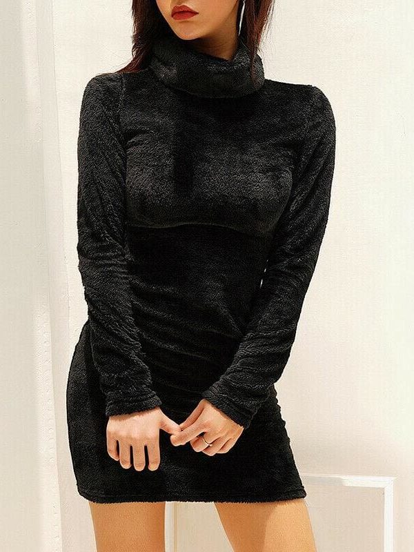 The Best Fashion Women Winter Warm Long Sleeve Sweater Fleece Warm Basic Short Mini Dress Ladies Casual High Collar Slim Fit Dress Online - Takalr