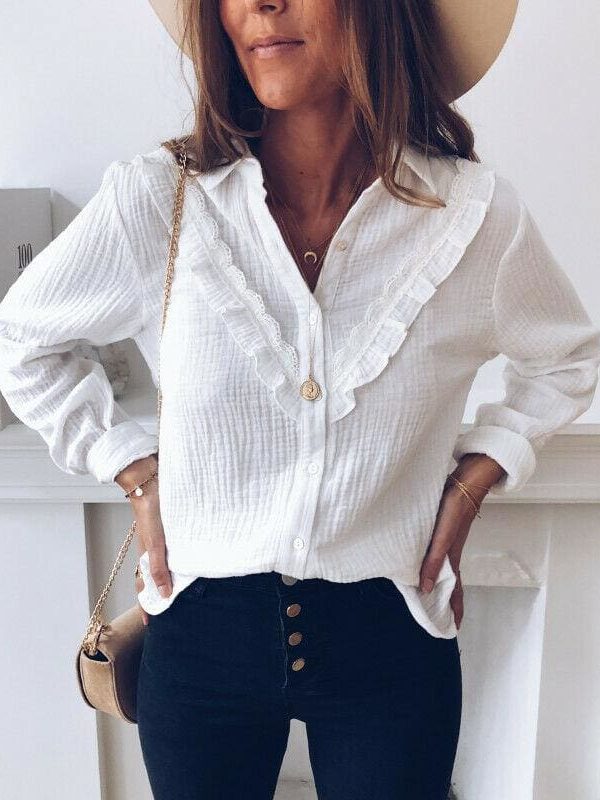 The Best Fashion Women's Autumn V-Neck Loose Long Sleeve Ruffled Shirt Blouse Elegant OL Lady Button Casual Tops Shirt Online - Source Silk