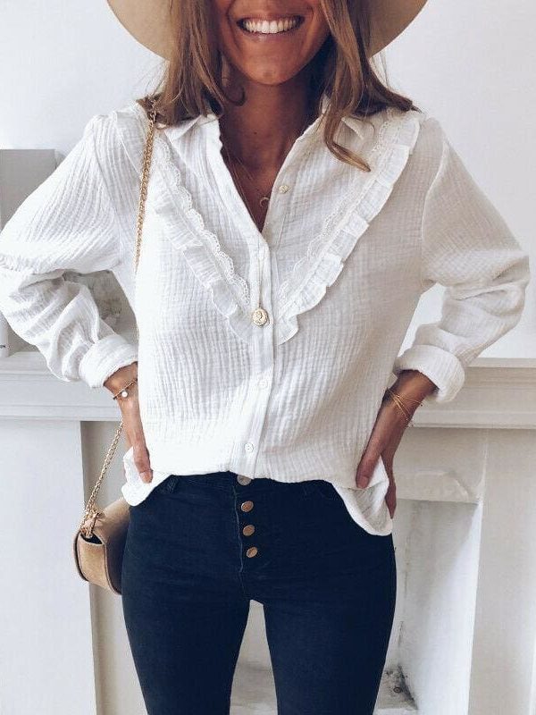 The Best Fashion Women's Autumn V-Neck Loose Long Sleeve Ruffled Shirt Blouse Elegant OL Lady Button Casual Tops Shirt Online - Source Silk