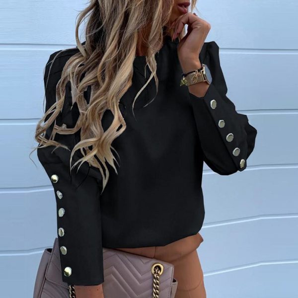 The Best Fashion Women's Autumn Winter Long Sleeve Tops Slim Fit Crew Neck Ladies Casual Buttons Pollover Shirts Blouse Online - Source Silk