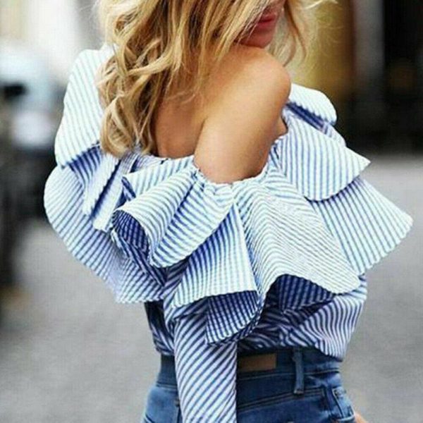 The Best Fashion Womens blue white striped One Shoulder Blouse Ruffles Long Sleeve Casual women's shirt blouses top plus size Online - Source Silk