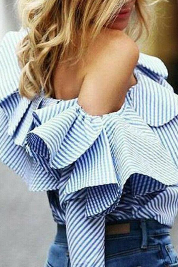 The Best Fashion Womens blue white striped One Shoulder Blouse Ruffles Long Sleeve Casual women's shirt blouses top plus size Online - Source Silk