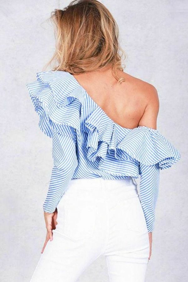 The Best Fashion Womens blue white striped One Shoulder Blouse Ruffles Long Sleeve Casual women's shirt blouses top plus size Online - Source Silk