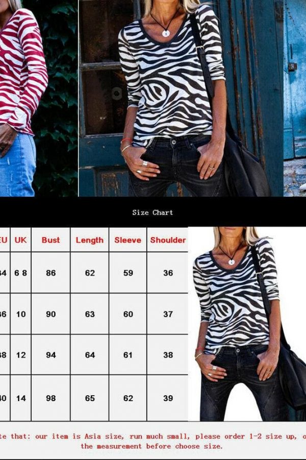 The Best Fashion Women's Casual Basic Long Sleeve Shirt Ladies V Neck Zebra Pattern Tee Shirt Slim Tops Autumn Streetwear Online - Source Silk