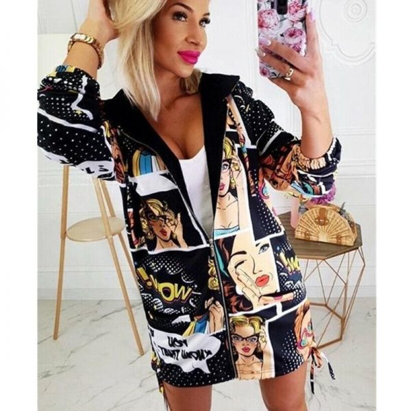 The Best Fashion Women's Characters Portraits Printed Jeacket Coat Casual Long Sleeve Zipper up Hooded Outerwear Streetwear Online - Source Silk