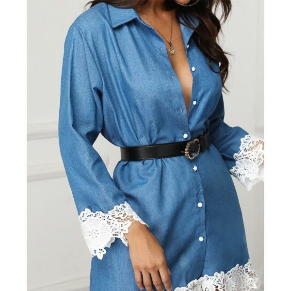 The Best Fashion Women's Denim Dress Button Summer Lace Long Sleeve Office Ladies Casual Loose Tops Mini Shirt Dress Online - Source Silk