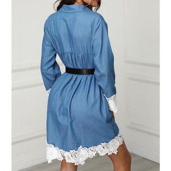 The Best Fashion Women's Denim Dress Button Summer Lace Long Sleeve Office Ladies Casual Loose Tops Mini Shirt Dress Online - Source Silk