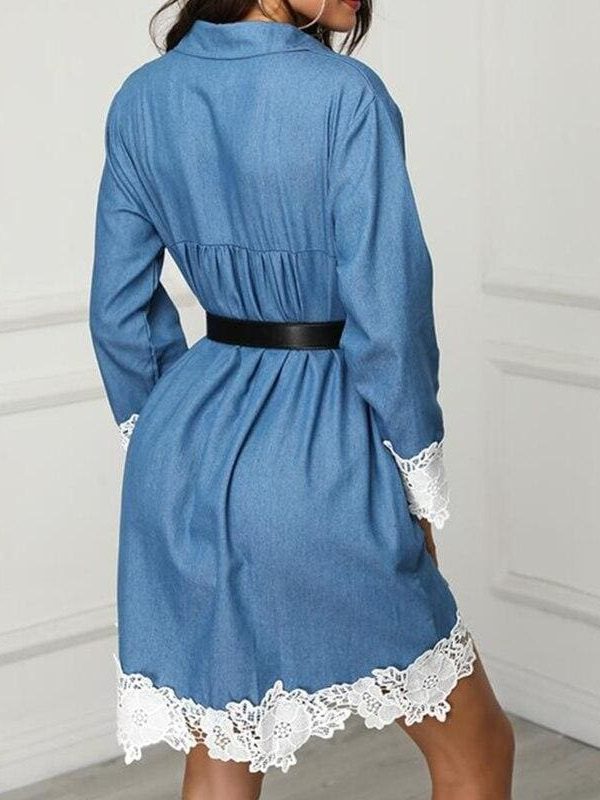 The Best Fashion Women's Denim Dress Button Summer Lace Long Sleeve Office Ladies Casual Loose Tops Mini Shirt Dress Online - Source Silk