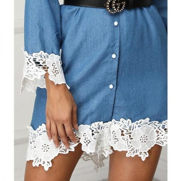 The Best Fashion Women's Denim Dress Button Summer Lace Long Sleeve Office Ladies Casual Loose Tops Mini Shirt Dress Online - Source Silk