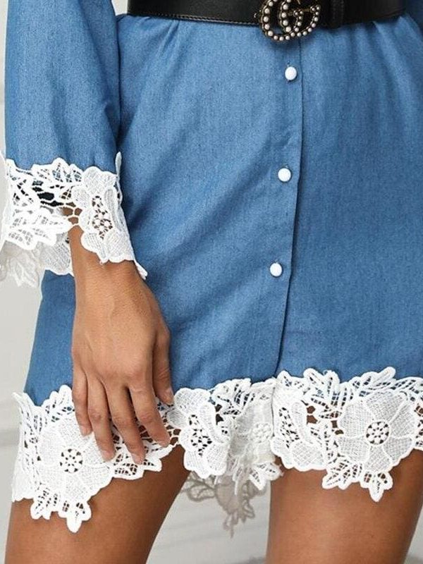 The Best Fashion Women's Denim Dress Button Summer Lace Long Sleeve Office Ladies Casual Loose Tops Mini Shirt Dress Online - Source Silk