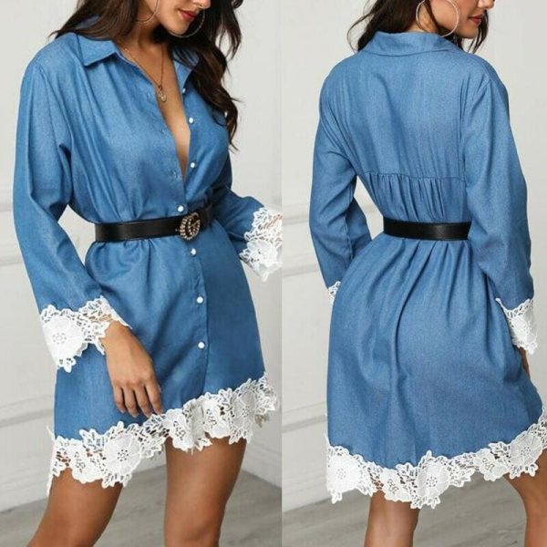 The Best Fashion Women's Denim Dress Button Summer Lace Long Sleeve Office Ladies Casual Loose Tops Mini Shirt Dress Online - Source Silk