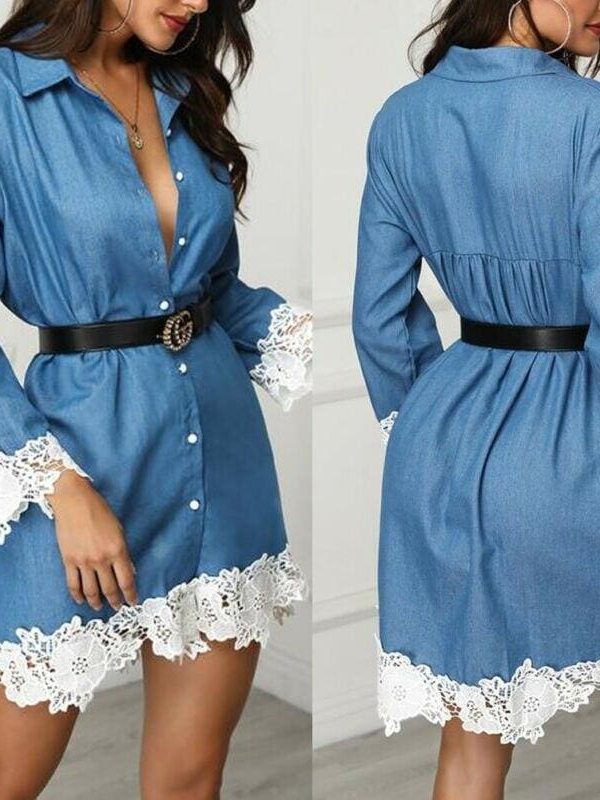 The Best Fashion Women's Denim Dress Button Summer Lace Long Sleeve Office Ladies Casual Loose Tops Mini Shirt Dress Online - Source Silk