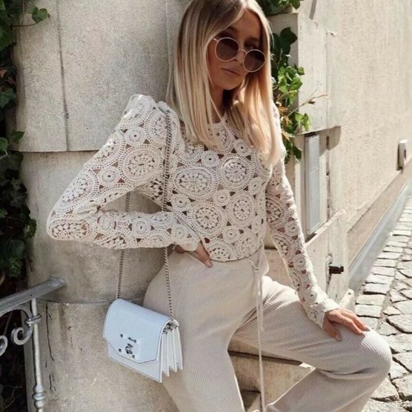 The Best Fashion Women's Elegant Blouse Casual Hollow Out Tops Office Lady Long Sleeve Lace O neck Blouse Pullovers Online - Source Silk