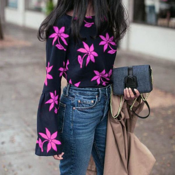 The Best Fashion Women's Flower Long Sleeve Slim Autumn Tops Shirt OL Ladies Casual Soild Blouse Pullover Streetwear Online - Takalr