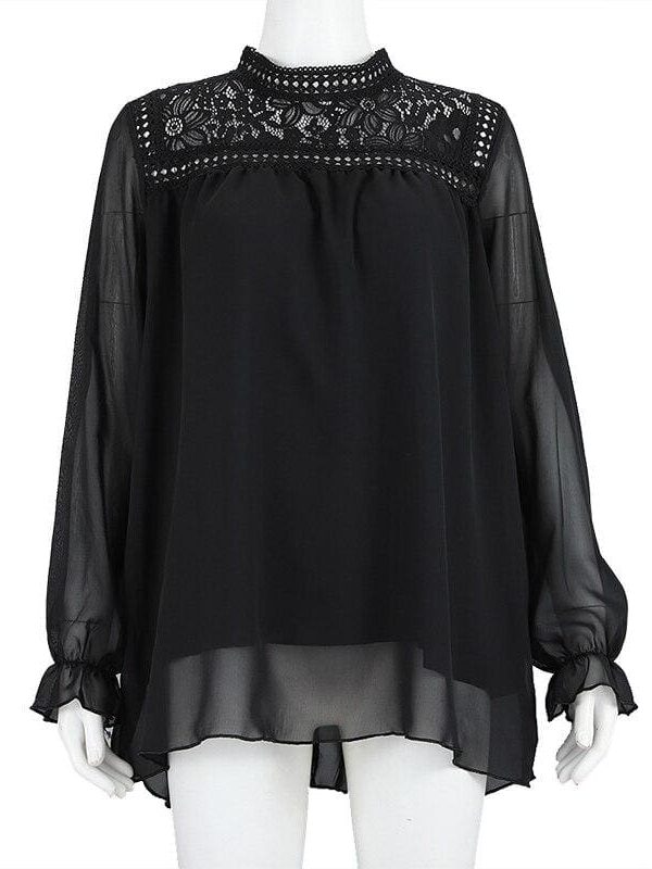 The Best Fashion Women's Hollow Lace Long Sleeve Loose Blouse Tops Spring Casual Jumper Basic Tee Shirt Top Online - Takalr