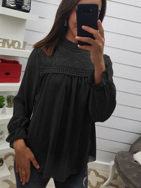 The Best Fashion Women's Hollow Lace Long Sleeve Loose Blouse Tops Spring Casual Jumper Basic Tee Shirt Top Online - Takalr