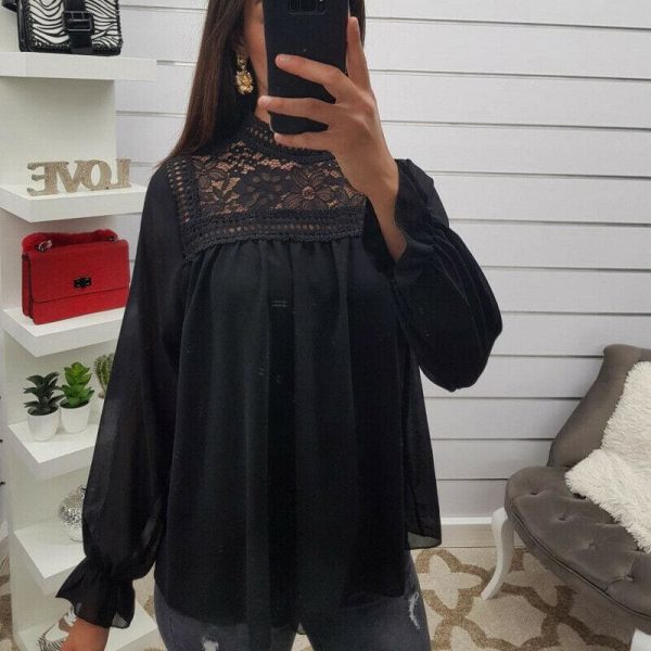 The Best Fashion Women's Hollow Lace Long Sleeve Loose Blouse Tops Spring Casual Jumper Basic Tee Shirt Top Online - Takalr