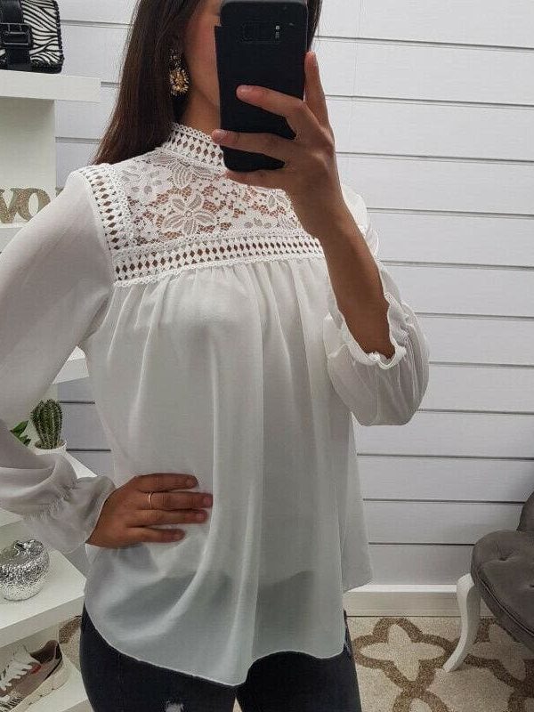 The Best Fashion Women's Hollow Lace Long Sleeve Loose Blouse Tops Spring Casual Jumper Basic Tee Shirt Top Online - Takalr