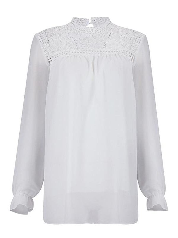 The Best Fashion Women's Hollow Lace Long Sleeve Loose Blouse Tops Spring Casual Jumper Basic Tee Shirt Top Online - Takalr