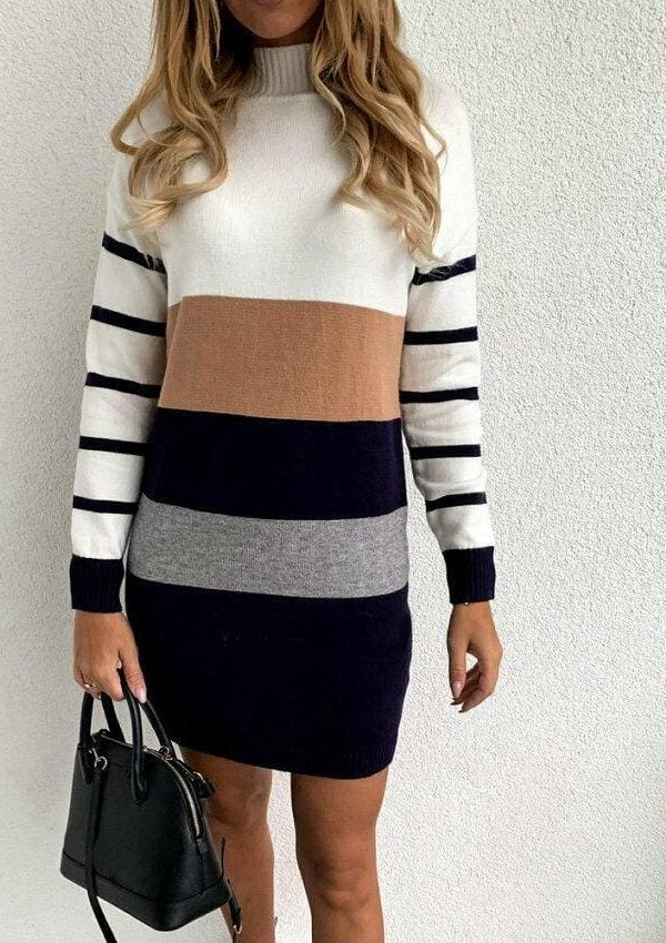 The Best Fashion Women's Knitted Bodycon Jumper Dress Ladies Autumn Winter Long Sleeve Pullover Casual Striped Sweater Mini Dress Online - Takalr