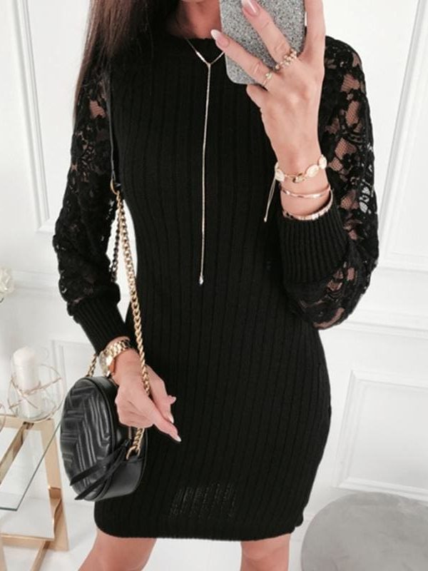 The Best Fashion Women's Lace Bodycon Mini Dress Sexy Lady Hollow Out Backless Dress Autumn Knitted Long Sleeve Warm Dress Online - Takalr