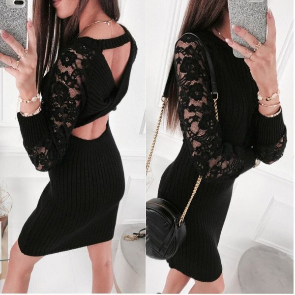 The Best Fashion Women's Lace Bodycon Mini Dress Sexy Lady Hollow Out Backless Dress Autumn Knitted Long Sleeve Warm Dress Online - Takalr