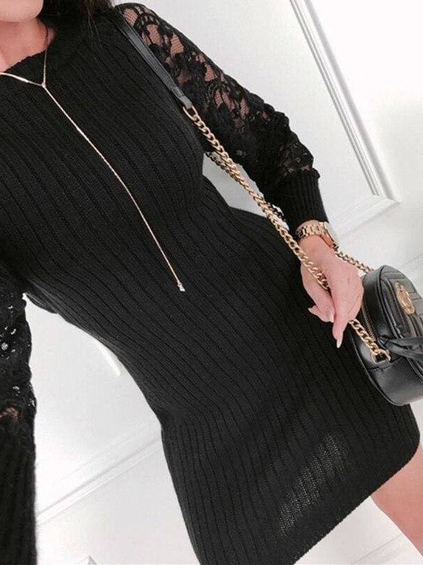 The Best Fashion Women's Lace Bodycon Mini Dress Sexy Lady Hollow Out Backless Dress Autumn Knitted Long Sleeve Warm Dress Online - Takalr