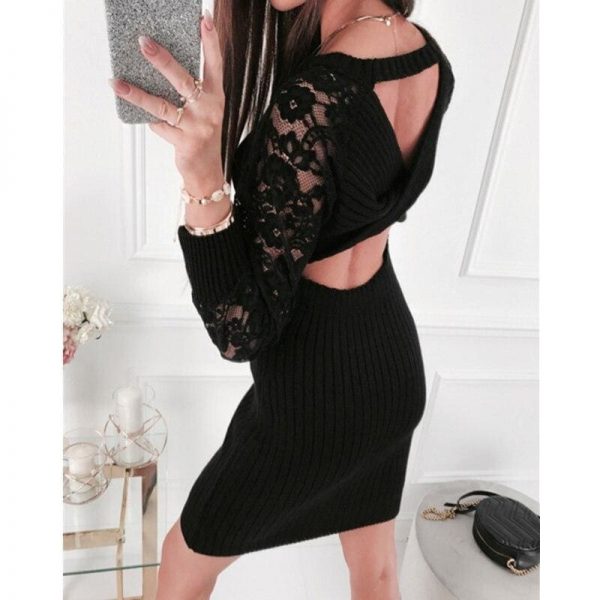 The Best Fashion Women's Lace Bodycon Mini Dress Sexy Lady Hollow Out Backless Dress Autumn Knitted Long Sleeve Warm Dress Online - Takalr