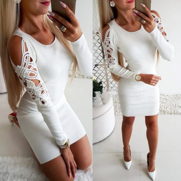 The Best Fashion Women's Lace Knitted Sweater Jumper Dress Long Sweater Ladies Sexy Beaded Bodycon Casual Mini Dress Online - Takalr