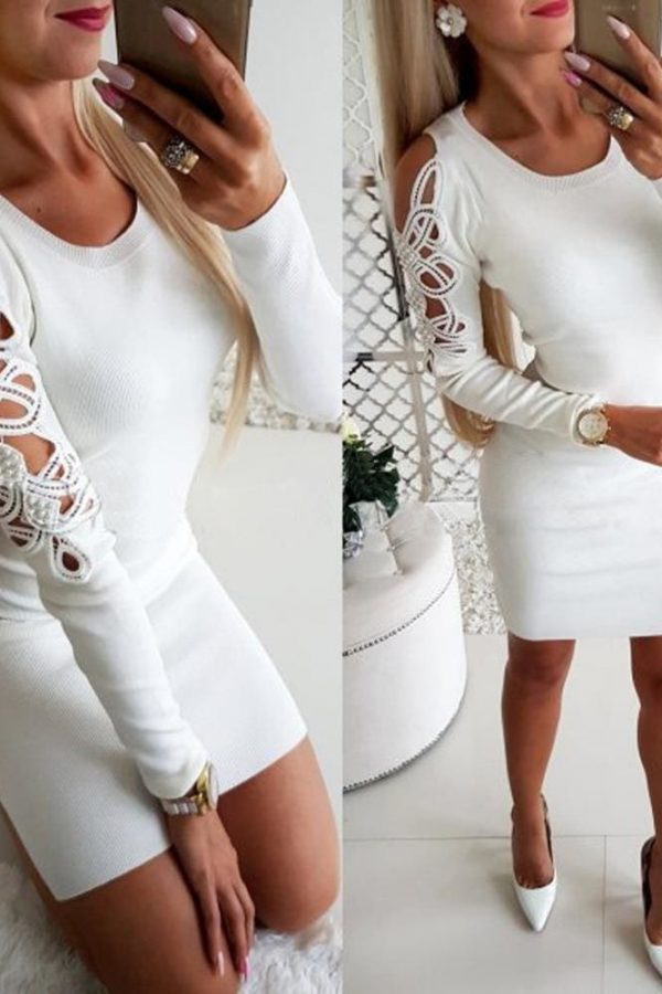 The Best Fashion Women's Lace Knitted Sweater Jumper Dress Long Sweater Ladies Sexy Beaded Bodycon Casual Mini Dress Online - Takalr