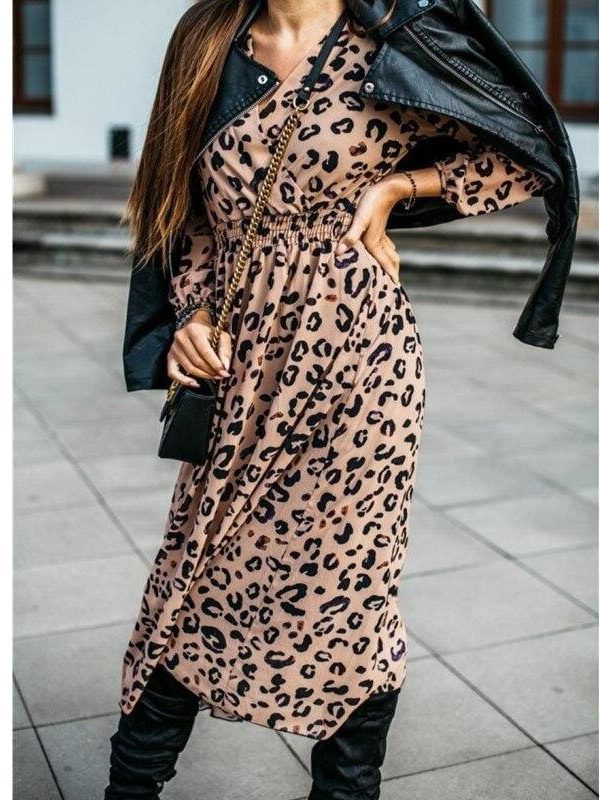 The Best Fashion Women's Long Sleeve Leopard Print Long Shirt Dress Sexy Ladies V Neck Loose Party Wrap Shirt Maxi Dress Online - Takalr