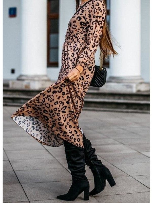 The Best Fashion Women's Long Sleeve Leopard Print Long Shirt Dress Sexy Ladies V Neck Loose Party Wrap Shirt Maxi Dress Online - Takalr