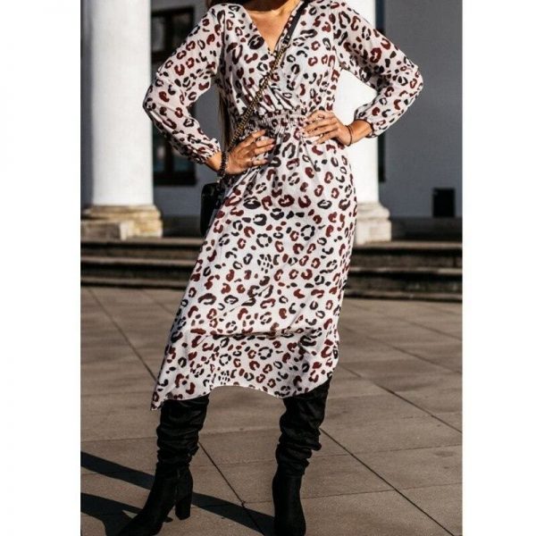 The Best Fashion Women's Long Sleeve Leopard Print Long Shirt Dress Sexy Ladies V Neck Loose Party Wrap Shirt Maxi Dress Online - Takalr