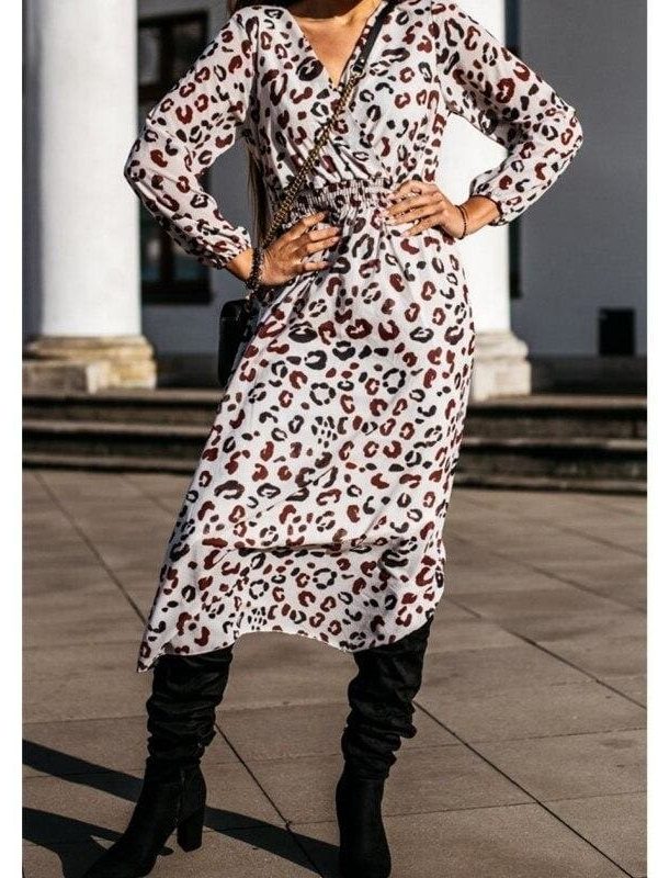 The Best Fashion Women's Long Sleeve Leopard Print Long Shirt Dress Sexy Ladies V Neck Loose Party Wrap Shirt Maxi Dress Online - Takalr