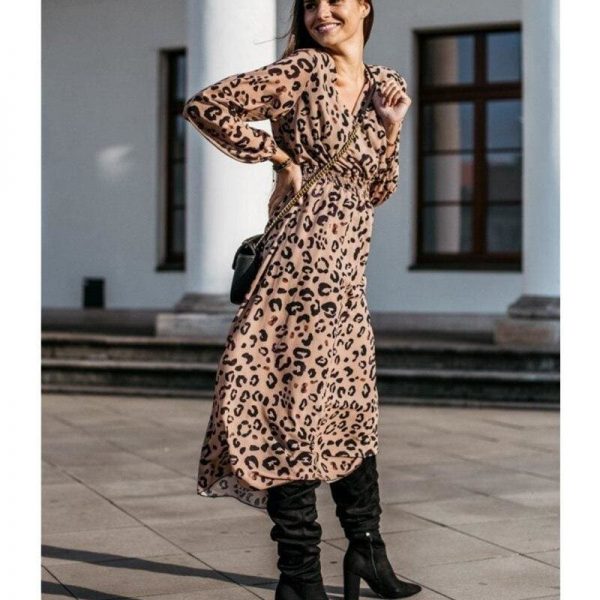 The Best Fashion Women's Long Sleeve Leopard Print Long Shirt Dress Sexy Ladies V Neck Loose Party Wrap Shirt Maxi Dress Online - Takalr