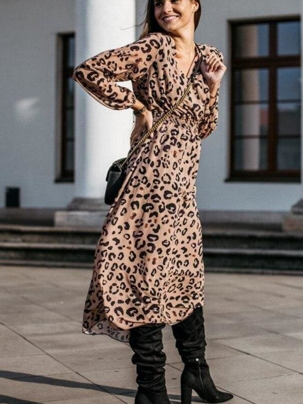 The Best Fashion Women's Long Sleeve Leopard Print Long Shirt Dress Sexy Ladies V Neck Loose Party Wrap Shirt Maxi Dress Online - Takalr