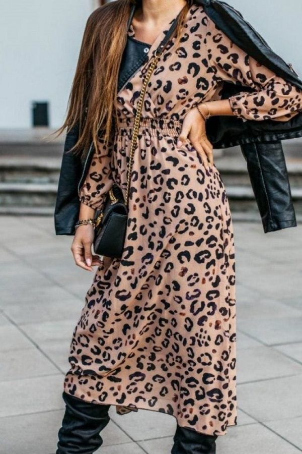 The Best Fashion Women's Long Sleeve Leopard Print Long Shirt Dress Sexy Ladies V Neck Loose Party Wrap Shirt Maxi Dress Online - Takalr