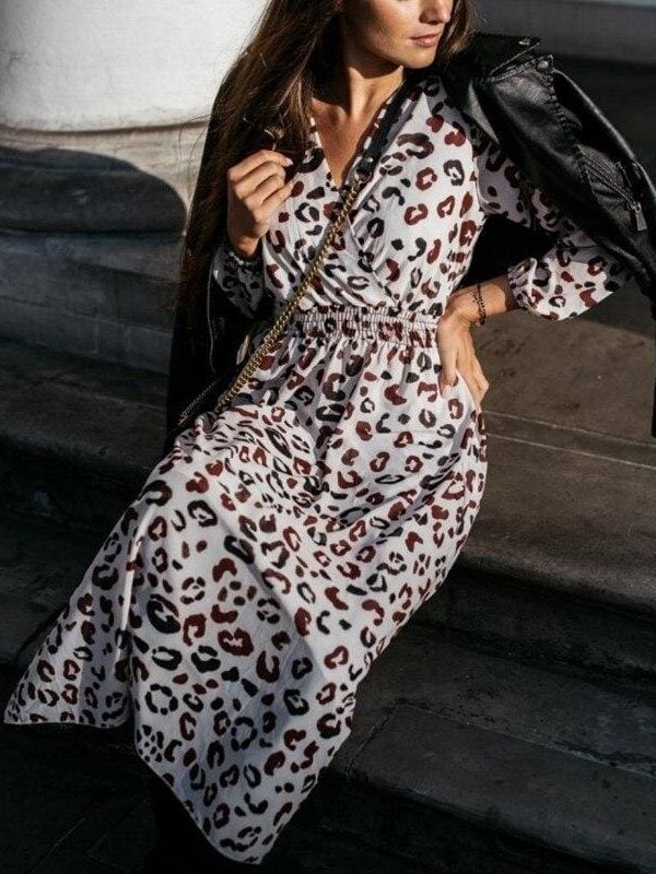 The Best Fashion Women's Long Sleeve Leopard Print Long Shirt Dress Sexy Ladies V Neck Loose Party Wrap Shirt Maxi Dress Online - Takalr