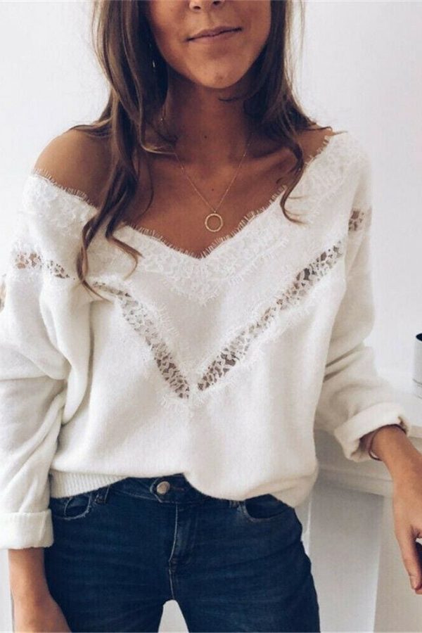 The Best Fashion Women's Long Sleeve V Neck Lace Loose Winter Warm Knitted Sweater Ladies Casual Hollow Jumper Pullover Tops Online - Takalr