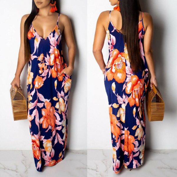 The Best Fashion Women's Maxi Long Boho Dress Hot V Neck Sleeveless New Floral Summer Beach Cocktail Party Loose Sundress Online - Takalr