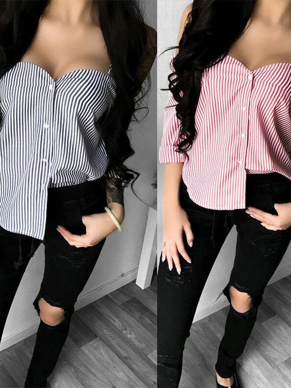 The Best Fashion Women's Off Shoulder Long Sleeve Striped Loose Blouse Ladies Casual Summer Tops Shirt Women Clothes Online - Takalr