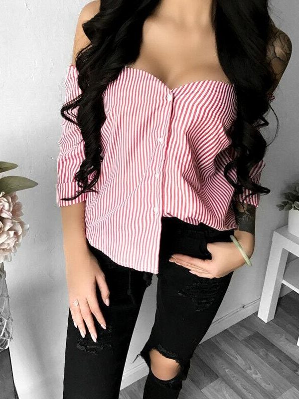 The Best Fashion Women's Off Shoulder Long Sleeve Striped Loose Blouse Ladies Casual Summer Tops Shirt Women Clothes Online - Takalr