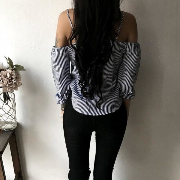 The Best Fashion Women's Off Shoulder Long Sleeve Striped Loose Blouse Ladies Casual Summer Tops Shirt Women Clothes Online - Takalr