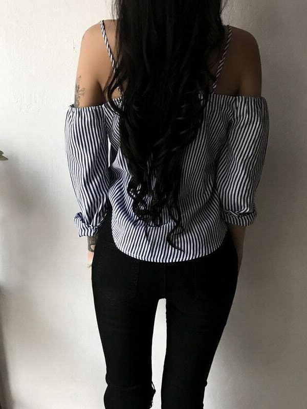 The Best Fashion Women's Off Shoulder Long Sleeve Striped Loose Blouse Ladies Casual Summer Tops Shirt Women Clothes Online - Takalr