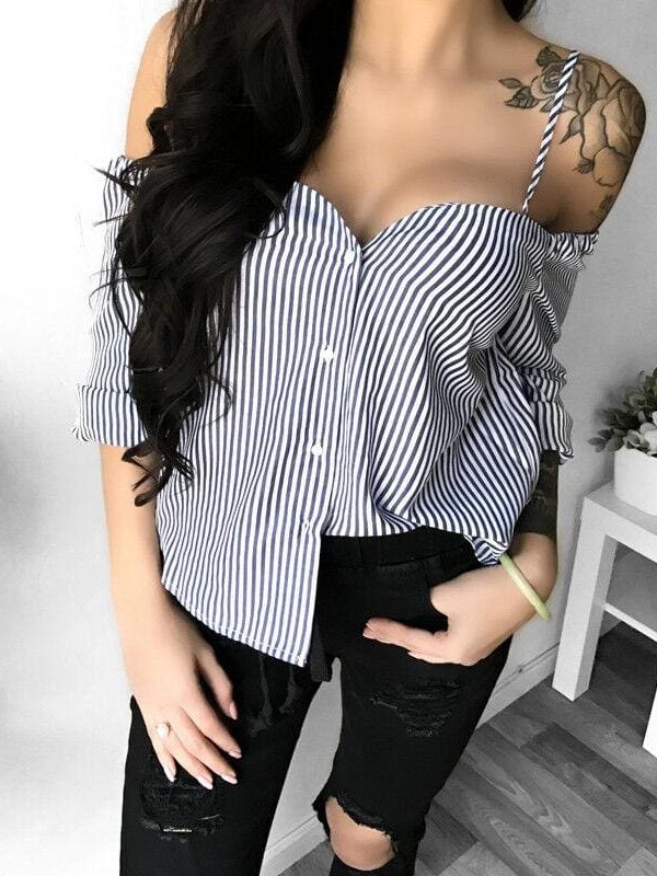 The Best Fashion Women's Off Shoulder Long Sleeve Striped Loose Blouse Ladies Casual Summer Tops Shirt Women Clothes Online - Takalr