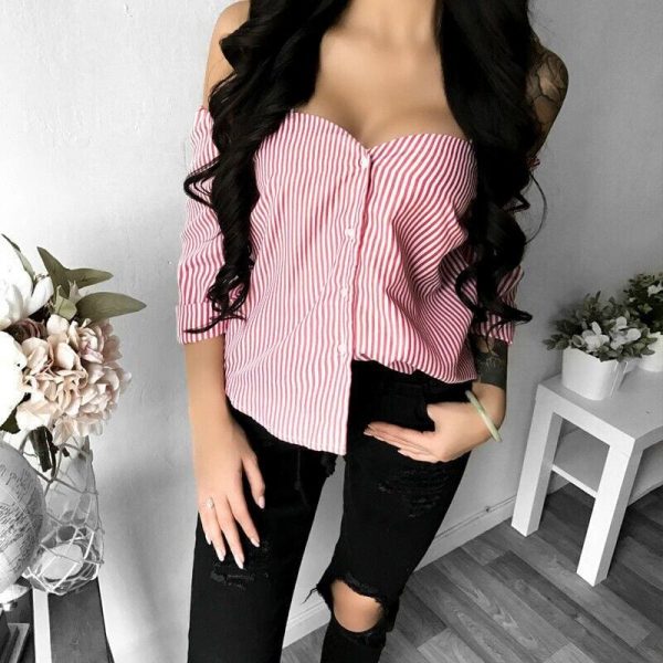 The Best Fashion Women's Off Shoulder Long Sleeve Striped Loose Blouse Ladies Casual Summer Tops Shirt Women Clothes Online - Takalr