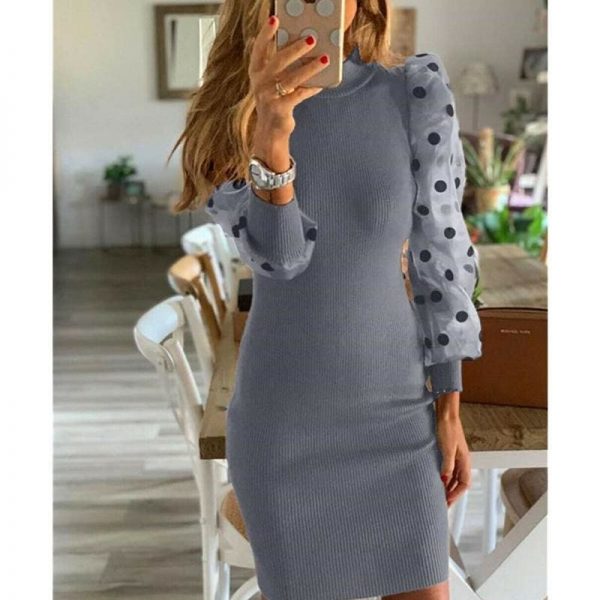 The Best Fashion Women's Polka Dot Long Puff Sleeve Jumper Pencil Dress Sexy Ladies Knit Bodycon Sweater Slim Fit Dress Online - Takalr