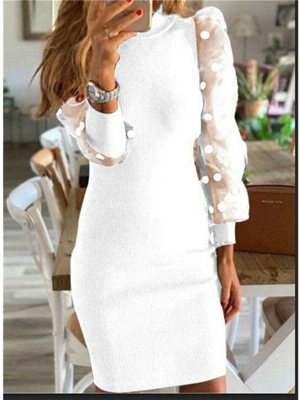 The Best Fashion Women's Polka Dot Long Puff Sleeve Jumper Pencil Dress Sexy Ladies Knit Bodycon Sweater Slim Fit Dress Online - Takalr